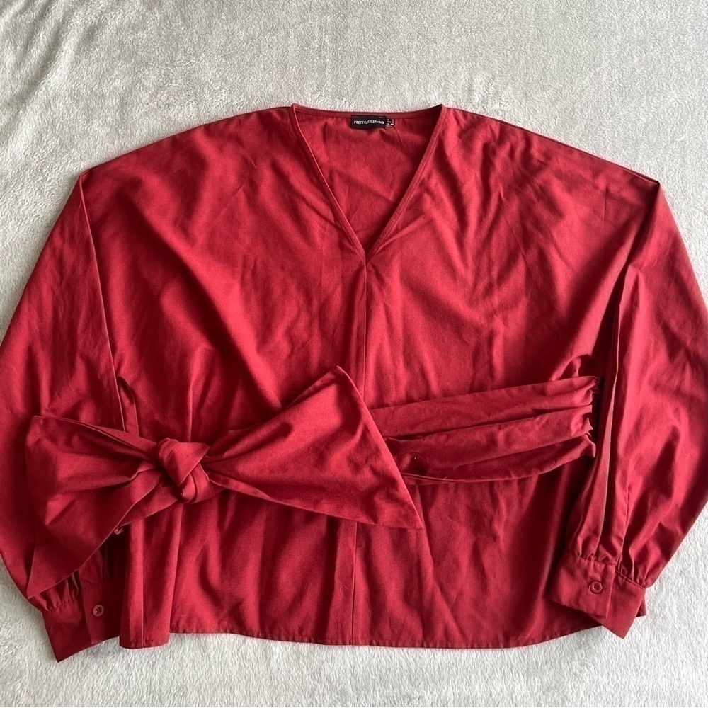 Pretty Little Thing Blouse V Neck Puffy Sleeve Tie Waist Size 12